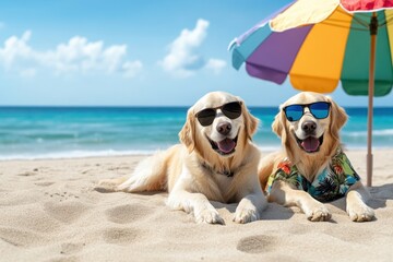 Two golden retrievers wearing sunglasses relax on the beach under a colorful umbrella, enjoying a sunny day by the ocean.