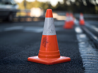 A bright orange traffic cone placed on an asphalt road
