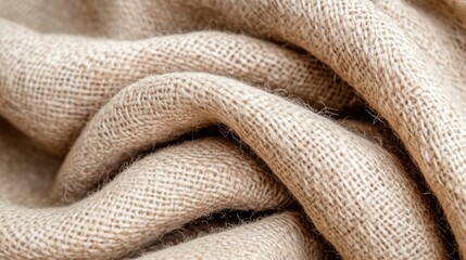 Close-up of textured burlap fabric with soft folds and natural beige color