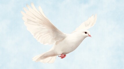 Graceful white dove in flight against a soft blue sky