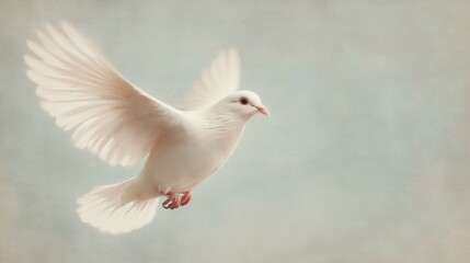 Fototapeta premium Graceful white dove in flight against a soft blue background