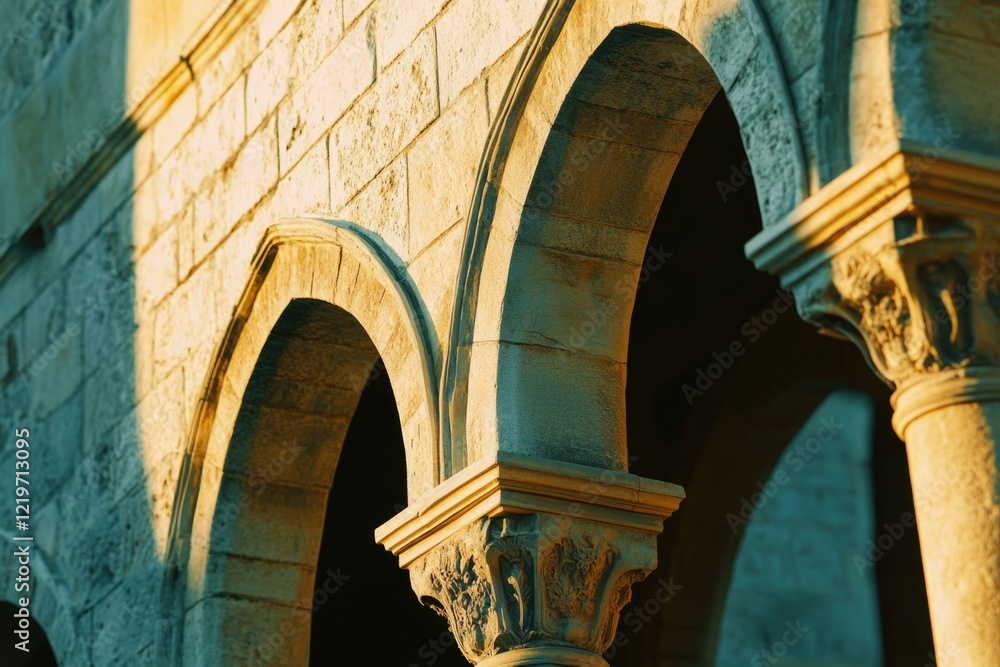 Poster ancient architecture landmark with ornate arches and timekeeping device