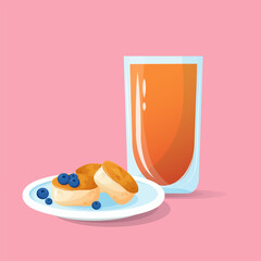 Breakfast: Cheesecakes with Berries and Orange Juice in Vector Graphics. Vector illustration of a morning meal with cheesecakes and juice.