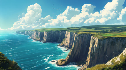 Obraz premium Aerial view of dramatic cliffs overlooking a vast ocean with a bright blue sky and fluffy white clouds. Wild Cliffs. Illustration