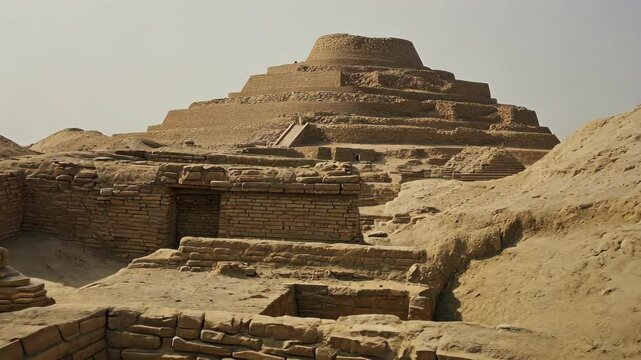 Ancient ziggurat structure stands prominently against the sky in a deserted landscape of an archaeological site