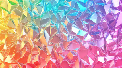 An abstract holographic rainbow foil texture with jagged, crystalline patterns, shifting iridescent colors, and a futuristic metallic shine