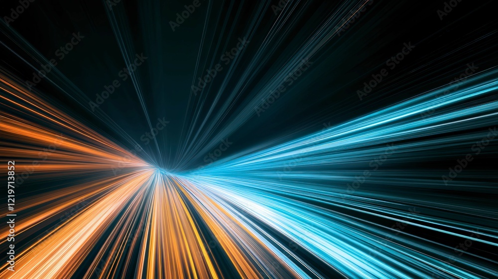 Poster futuristic abstract background with dynamic blue and orange light streaks converging towards a vanis