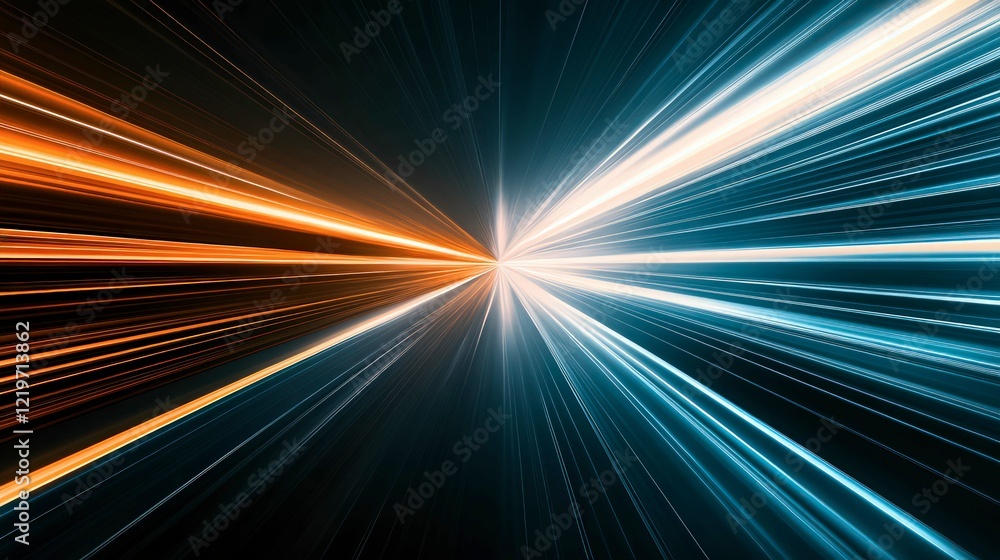 Poster futuristic abstract background with dynamic blue and orange light streaks converging towards a vanis