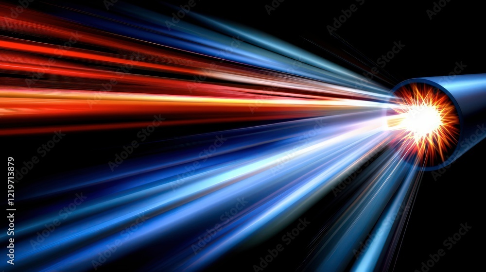 Poster futuristic abstract background with dynamic blue and orange light streaks converging towards a vanis