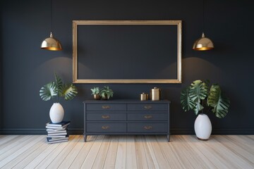 A dark interior design with gold accents and plants.