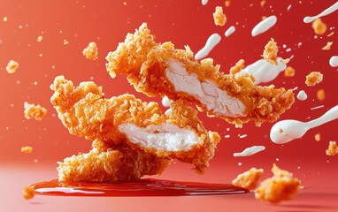 Extra crispy chicken tenders with ketchup and mayo splashes, on a gradient red-to-white background