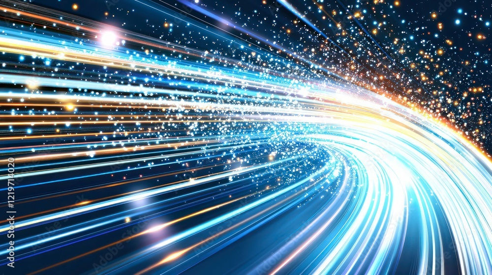 Poster abstract futuristic background with glowing blue and white light trails curving dynamically against 