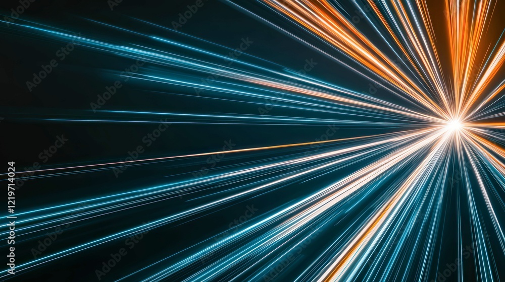 Poster futuristic abstract background with dynamic blue and orange light streaks converging towards a vanis