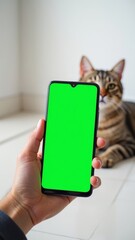 Obraz premium funny Cat portrait paw holding chroma key phone on floor, touching, clicking, tapping and swiping phone with green screen. Chroma key vertical mock up for advertising, Cat using showimg smartphone.