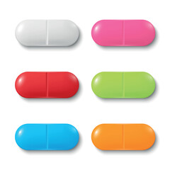 Vector Colorful Capsules Illustration. Medical Pill Set, Capsule Design for Medicine, Healthcare, Pills. Capsules in Vibrant Colors Red, White, Pink, Green, Blue, Yellow. Pharmaceutical Concept
