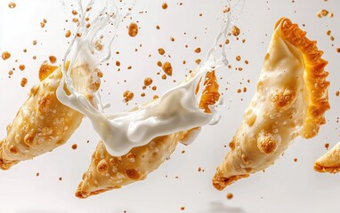 Cheese-filled varenyky flying with sour cream splashes, gracefully captured on white.