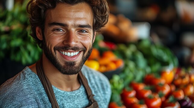 Smiling Grocer with Fresh Produce Display