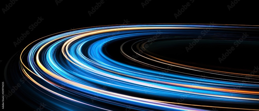 Poster abstract futuristic background with glowing blue and white light trails curving dynamically against 