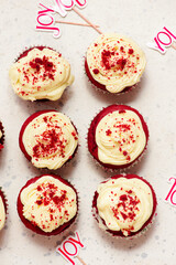 Valentines Day Decorated Red Velvet Cupcakes.selective focus