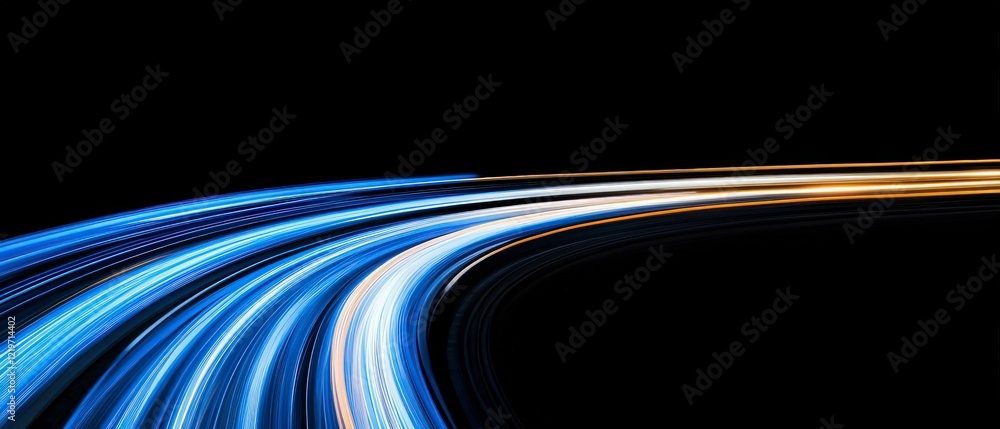 Poster abstract futuristic background with glowing blue and white light trails curving dynamically against 