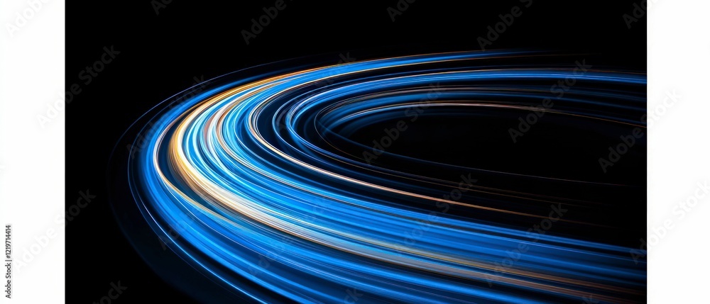Poster abstract futuristic background with glowing blue and white light trails curving dynamically against 