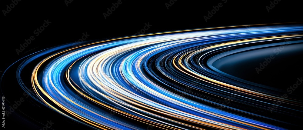 Poster abstract futuristic background with glowing blue and white light trails curving dynamically against 