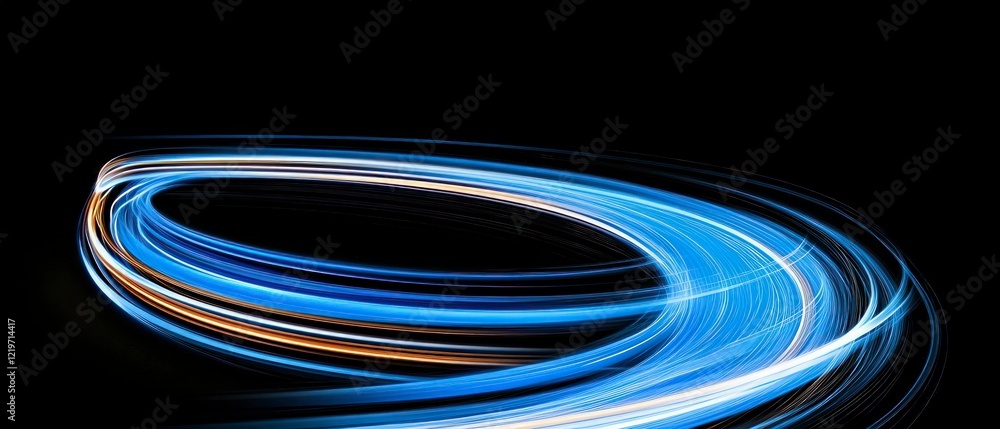 Poster abstract futuristic background with glowing blue and white light trails curving dynamically against 