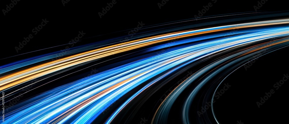 Poster abstract futuristic background with glowing blue and white light trails curving dynamically against 