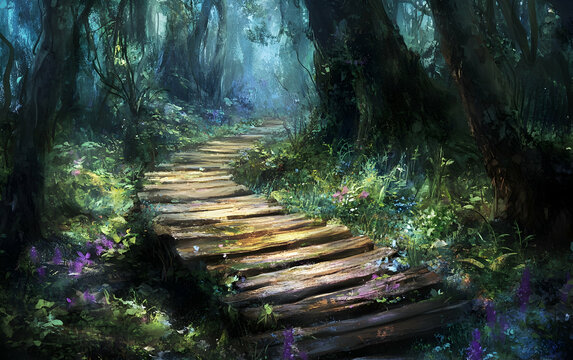 Rustic wooden pathway meandering through an enchanting forest, blending nature with tranquility