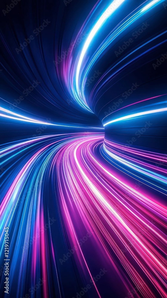 Poster futuristic abstract background with dynamic neon light trails in blue and pink colors creating a mot