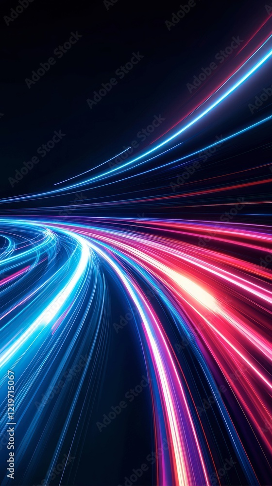 Poster futuristic abstract background with dynamic neon light trails in blue and pink colors creating a mot