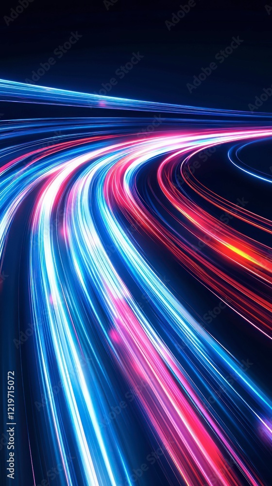 Poster futuristic abstract background with dynamic neon light trails in blue and pink colors creating a mot