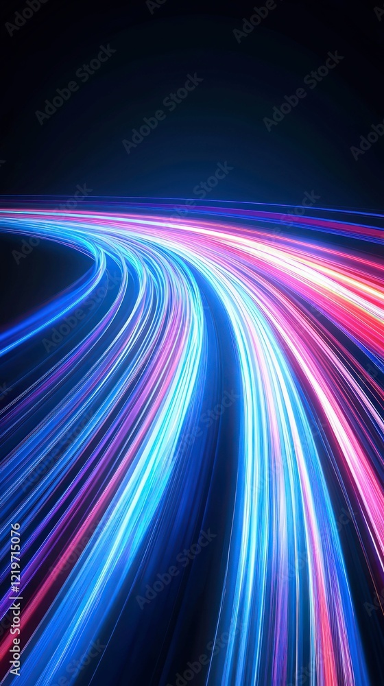 Poster futuristic abstract background with dynamic neon light trails in blue and pink colors creating a mot