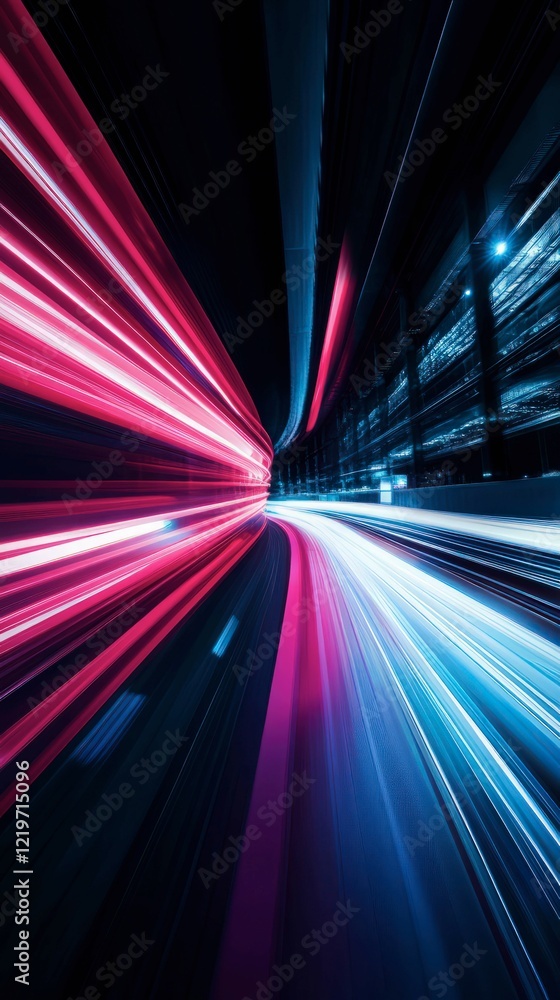 Poster futuristic abstract background with dynamic neon light trails in blue and pink colors creating a mot