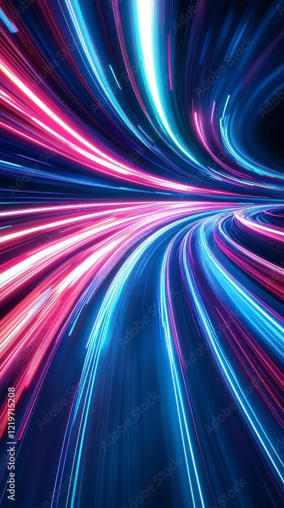 Poster futuristic abstract background with dynamic neon light trails in blue and pink colors creating a mot