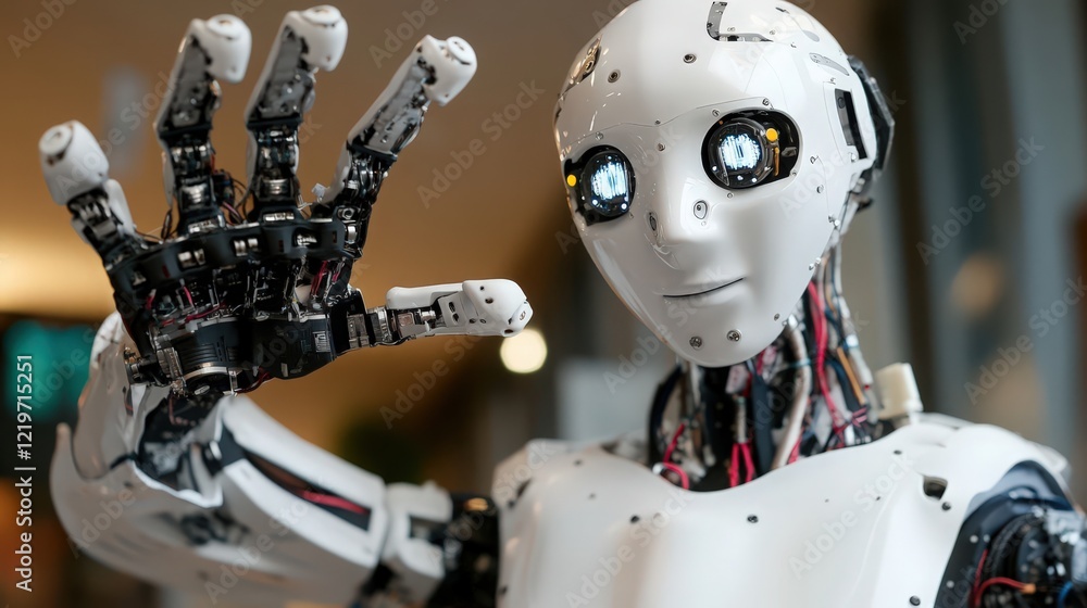 Poster close-up image of a humanoid robot with white plating and visible wiring making a gesture