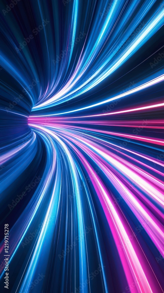 Poster futuristic abstract background with dynamic neon light trails in blue and pink colors creating a mot