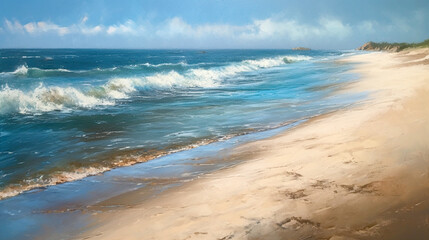 Obraz premium impressionism oil painting with thick impasto brush strokes of waves on a sandy beautiful beach with puffy clouds. using muted browns, blues, and white. 