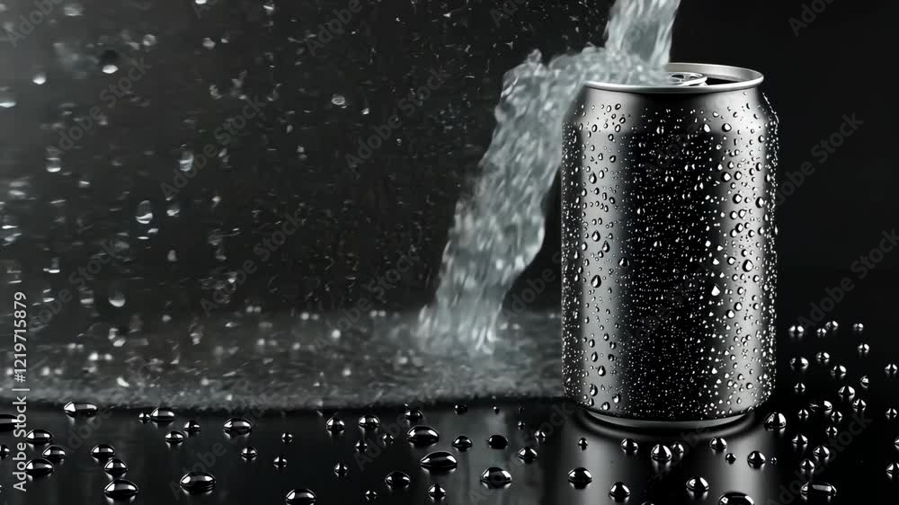 Poster refreshing beverage can with droplets surrounded by splashes and beads on a dark surface