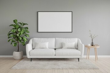 Fototapeta premium Minimalist living room with white sofa a potted plant and a framed artwork.