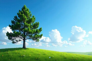 Fototapeta premium Lone pine trees under a clear blue sky with fluffy white clouds, landscape, solitude