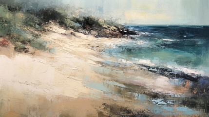 impressionism oil painting with thick impasto brush strokes of waves on a sandy beautiful beach with puffy clouds. using muted browns, blues, and white. 