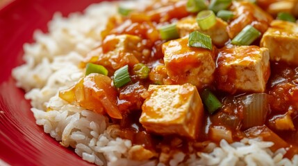 Image of a rice dish with tofu and sweet and sour sauce on a bright red plate, highlighting the tangy and flavorful sauce. Ideal for Asian cuisine lovers and recipe websites.