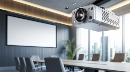 Naklejka premium professional projector mock-up with a soft beam of light, mounted on the ceiling of a modern corporate boardroom, clean and minimalist aesthetic, high-quality details. optimized for 4K resolution