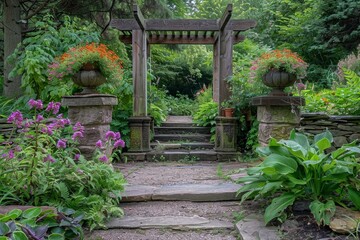 Flagstone path leading through wooden pergola archway with flower urns in a beautiful, tranquil garden setting