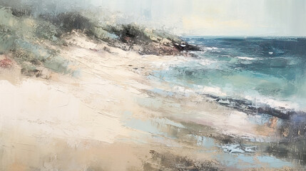 impressionism oil painting with thick impasto brush strokes of waves on a sandy beautiful beach with puffy clouds. using muted browns, blues, and white. 