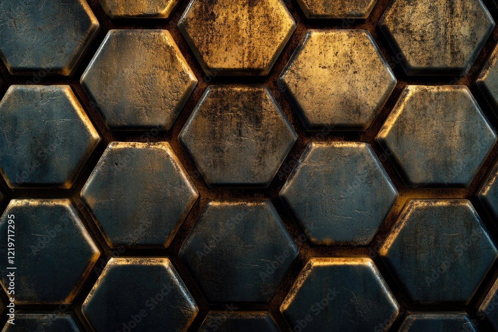 Poster a detailed view of a metallic surface featuring hexagonal patterns