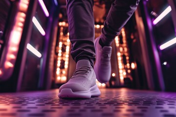 Fototapeta premium A close-up shot of a person's shoes on a tiled floor, ideal for use in interior design or lifestyle photography