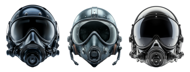 Three distinct pilot helmets displayed on a transparent background