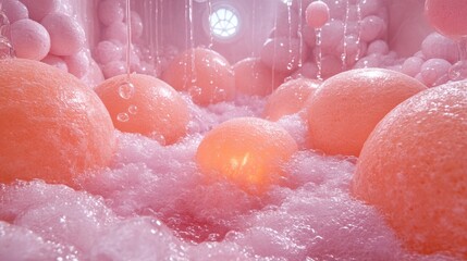 Fototapeta premium Playful Bubbles and Oranges in a Dreamy Setting